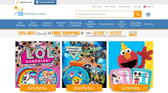 This screenshot of the home page for Birthday In A Box has a white header with blue and orange elements, a blue navigation bar, a gray sales bar with orange and gray text announcing free shipping and a 25% discount, and photos showing items for girl parties, boy parties, and first birthday parties.