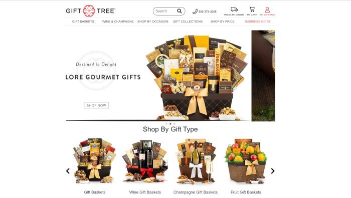 This screenshot of the home page of GiftTree has a white background, header, and navigation bar with the GiftTree Logo above an image of a basket full of chocolate in brown, gold, and white wrappers and an announcement for Lore gourmet gifts, as well as four smaller images of gift baskets containing gourmet foods, wine, champagne, and fruit. 