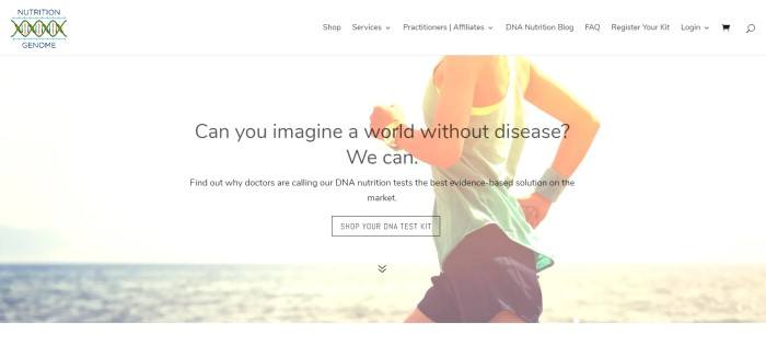 This screenshot of the home page for Nutrition Genome has a white navigation bar and a white background with a photo of a woman running along a beach, along with black text describing how DNA testing could lead to a world without disease. 