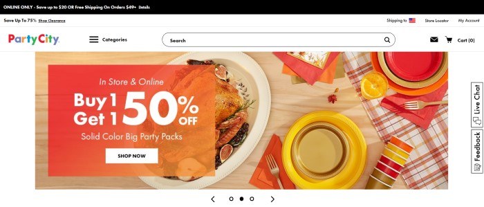 This screenshot of the home page for Party City includes a black bar announcing free shipping and a  discount, a white 75% discount clearance bar, a white navigation and search bar with the Party City logo, and a main section featuring an overhead photo of a turkey dinner on a wooden table with tableware in gold, yellow, and orange, along with an orange "Buy 1, get 1 50% off" sales announcement.