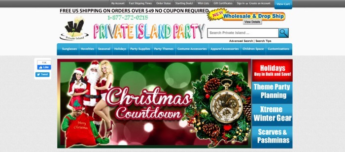 This screenshot of the home page for Private Island Party has a light gray background, black header, blue navigation bar, and a photo of two smiling girls snuggling up to Santa, along with a photo of a wreath, on a green and red background. 