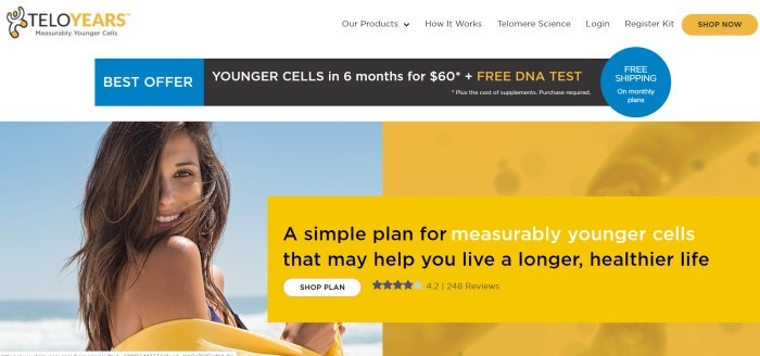 This screenshot of the home page for Telo Years has a white navigation bar above a black and blue "best offer" section and a photo of a smiling woman with brown hair and brown eyes on a beach, near a yellow section with black and white text describing how knowing your genetic profile can help you live a longer, healthier life.