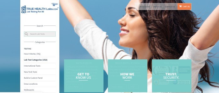 This screenshot of the home page for True Health Labs shows a smiling young woman with dark hair raising her arms in the air with her eyes closed, along with a white section for searching for specific tests and three aqua sections with clickable links to help customers learn more about the company.