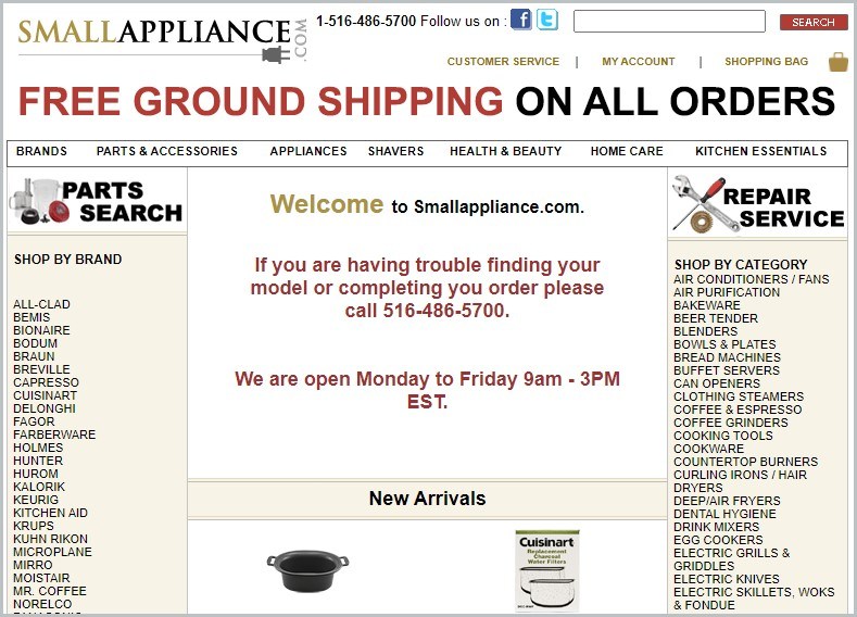 screenshot of SmallAppliance.com homepage, with white header with the website's name and search bar, underneath is the white navigation bar, it showcases a list of appliances brands and repair services offered