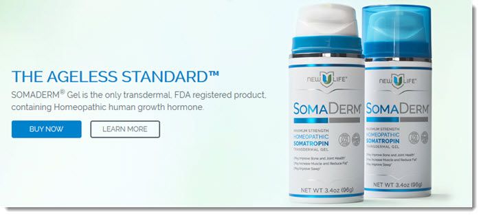 Two bottles of SomaDerm, along with text about the product