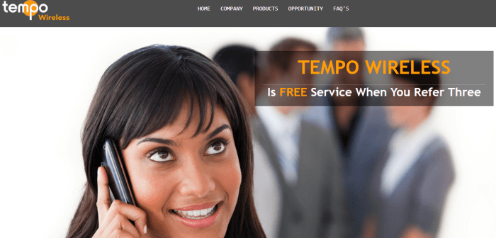 A screenshot from the Tempo Wireless site showing a young woman on the phone