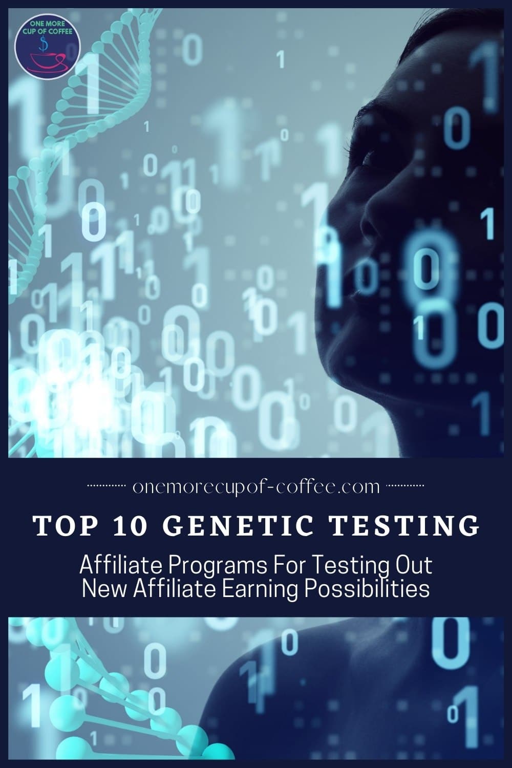 silhouette of a woman with floating dna sequence images; with text overlay in dark blue banner "Top 10 Genetic Testing Affiliate Programs For Testing Out New Affiliate Earning Possibilities"