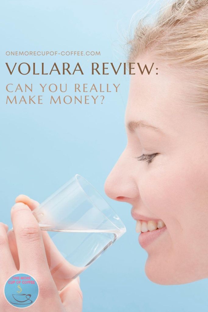 closeup image of a smiling woman drinking water from a glass, with text overlay "Vollara Review: Can You Really Make Money?"