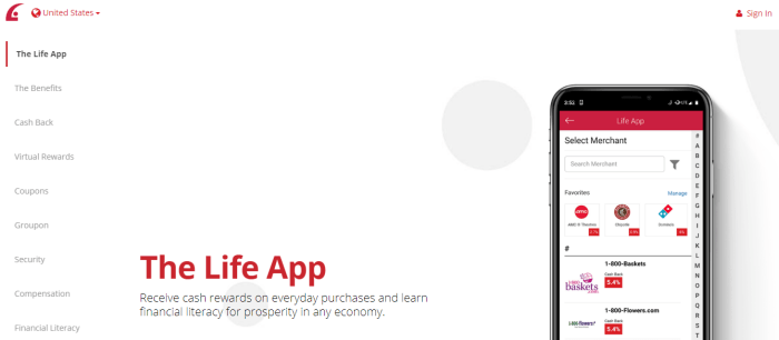 A website screenshot showing the Life App on a mobile phone