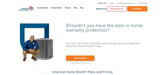 This screenshot of the home page for American Home Shield has a white background, an image of a smiling man with dark hair, a blue shirt, and brown pants crouching next to a central air conditioner and dark text announcing the best in home warranty protection, including two orange call-to-action buttons. 