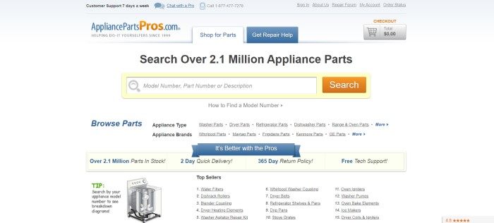 This screenshot of the home page for Appliance Parts Pros has a light gray background with blue and orange elements and black text, along with a yellow search bar inviting people to search the store's inventory of over 2.1 million appliance parts.