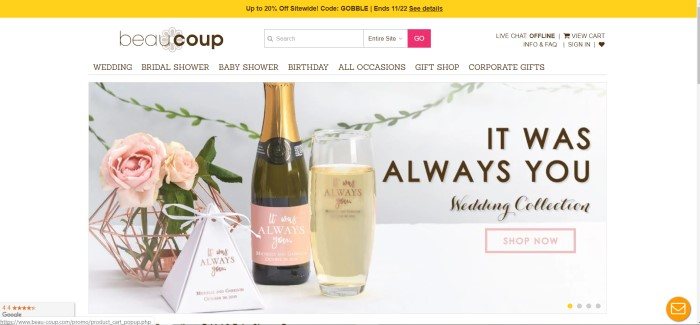 This screenshot of the home page for Beau-coup has a yellow header announcing a 20% off sale, a white navigation bar, and a large middle section with a photo of pink roses, a wine bottle, card, and glass of wine next to dark text that reads "It was always you."