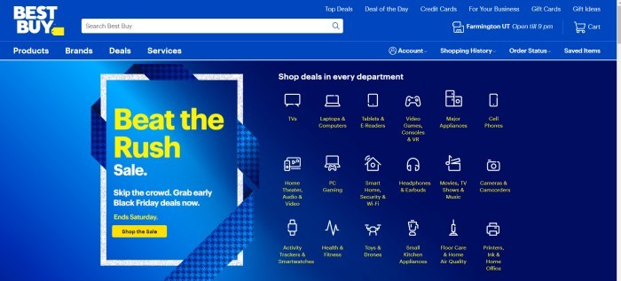 This screenshot of the home page for Best Buy has a royal blue background with text in white and yellow, along with several white-outlined icons for Best Buy departments such as laptops, TVs, video game controllers, and more, and an advertisement in yellow text to beat the Black Friday rush.