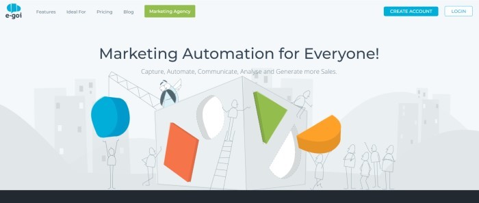 This screenshot of the home page for E-Goi has a light gray background with graphics in gray, blue, green, and orange of stick-figure people putting shapes into a large cube in front of a cityscape, along with words in black text that read "Marketing automation for everyone."