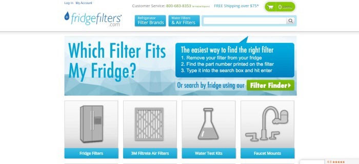 This screenshot of the home page for Fridge Filters has a white background with blue elements, including tabs on the navigation bar and an information window for finding the right filter next to blue text that reads "Which filter fits my fridge" and a green call-to-action button. 