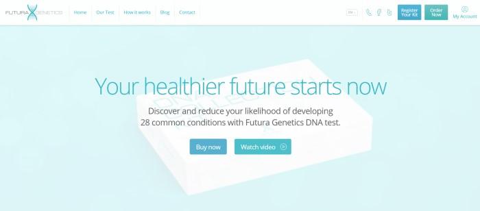 This screenshot of the home page for Futura Genetics has a white navigation bar with aqua text above an aqua section with darker aqua wording that reads "Your healthier future starts now" along with black text describing how a DNA test can help people avoid disease and two aqua call-to-action buttons.