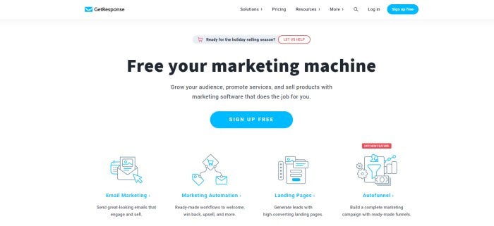 This screenshot of the home page for GetResponse has a white and light gray background with blue elements and black text, including words that read "Free your marketing machine" and two blue call-to-action buttons for signing up for free, as well as a row of blue and black outlined icons representing email marketing, marketing automation, landing pages, and autofunnels.