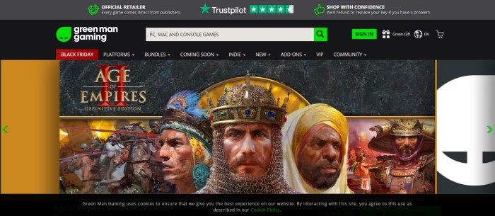 This screenshot of the home page for Green Man Gaming shows a large image of the Age of Empires, including graphics of a king in chain mail and a crown, an Native American in a feathered headdress, and other characters from the game.