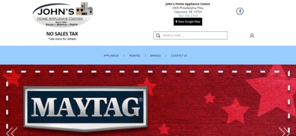 This screenshot of the home page for John's Home Appliance Center has a large white header with a gray, black, and tan logo above a light blue navigation bar and a large red section with lighter red stars and a large Maytag logo in black and silver.