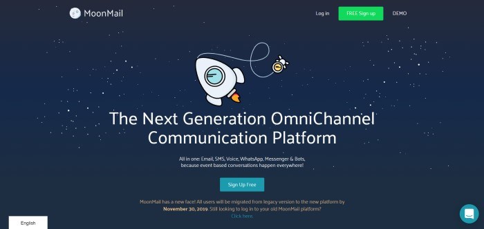 This screenshot of the home page for MoonMail has a graphic background of a black starry sky with a moon and a rocket ship in space, with white wording that reads "The next generation omnichannel communication platform," along with a green call-to-action button and an aqua call-to-action button for a free sign-up.