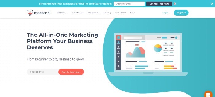 This screenshot of the home page for Moosend has an aqua header with an opt-in section, a white navigation bar with the Moosend logo and black text, and a main section that includes a cut-out graphic of a computer screen filled with graphs in front of an aqua background, next to a section with black words reading "The all-in-one marketing platform your business deserves" over a white background with an orange call-to-action button.