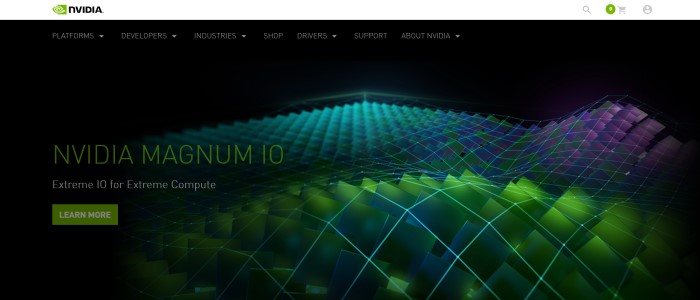  This screenshot of the home page for NVIDIA has a black background with a textured technical surface of green and blue squares, along with an announcement in green text for the Nvidia Magnum 10 and a green call-to-action button.