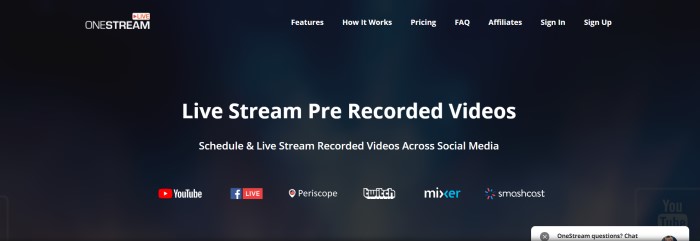 This screenshot of the home page for OneStream has a black background with white text in the navigation bar and in the main section of the page, where it reads "Live Stream Pre-Recorded Videos" above icons for several streaming platforms, including YouTube, Twitch, Periscope, Facebook Live, Mixer, and Smashcast.