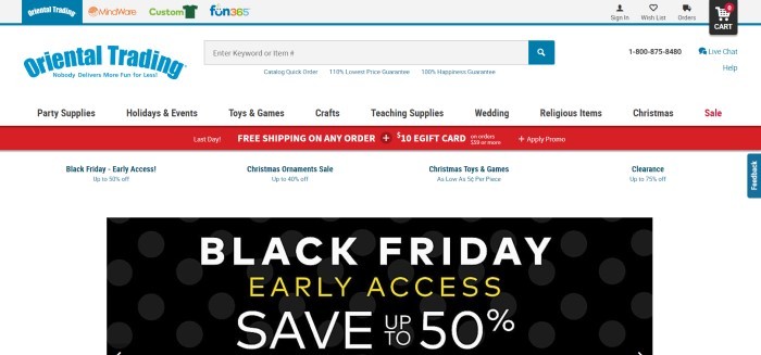 This screenshot of the home page for Oriental Trading has a white background, a red bar announcing free shipping, and a large black box announcing a Black Friday sale. 