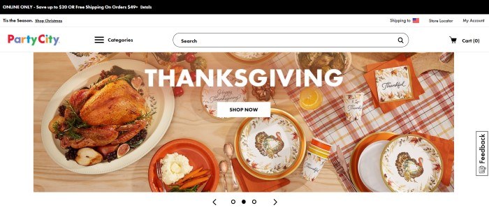 This screenshot of the home page for Party City has a black header and a white background, with a large photo of a turkey on a platter that is set on a table decorated with Thanksgiving paper products, along with a white call-to-action button. 