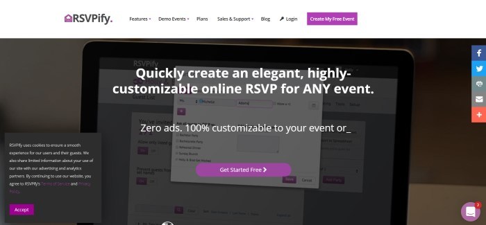 This screenshot of the home page for RSVPify has a dark filtered photo of a computer screen with party planning tasks listed on the screen, behind white text that reads "Quickly create an elegant, highly customizable online RSVP for any event" along with a purple call-to-action button. 