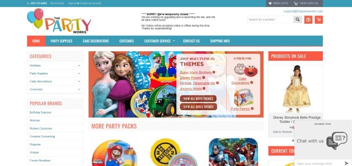 This screenshot of the home page for The Party Works has a white background with aqua and orange elements, a categories and brands bar on the left side, and photos of themed items sold by The Party Works, including Super Mario, John Deere, and Frozen products. 