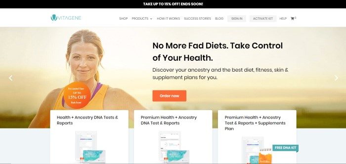 This screenshot of the home page for Vitagene as a black sales bar, a white navigation bar, and a main section of a smiling, healthy-looking young woman in yellow and purple exercise clothing, along with black text describing how knowing your ancestry can help you make good choices about food and lifestyle habits, as well as an orange call-to-action button.