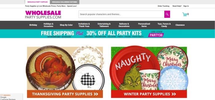 This screenshot of the home page for Wholesale Party Supplies has a white header with a search bar, a black navigation bar, and two photos of Thanksgiving paper goods and Christmas paper goods. 