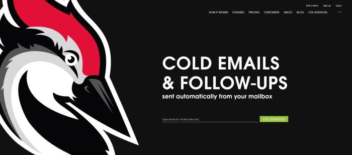 This screenshot of the home page pf Woodpecker.co has a black background with white wording and a large woodpecker head graphic in black, white, red, and gray next to an announcement for cold emails and follow-ups that generate more B2B clients, along with a green call-to-action button.