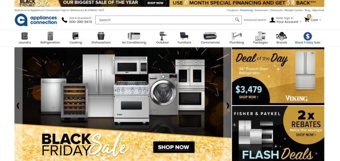 This screenshot of the home page for Appliances Connection has a white navigation bar, a gold and black header announcing a Black Friday Sale, a photo of several stainless steel appliances in a row, and a gold and black advertisement of a deal of the day. 