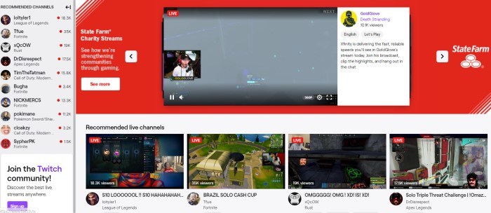 This screenshot of the home page for Twitch has a light background with a sidebar of recommended channels, a main section for State Farm Charity Streams, including a screen of someone who is streaming live, above a row of four smaller images of games that were also streaming live. 