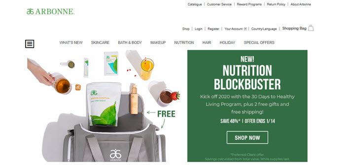 Arbonne Website Screenshot showing various products being put into a bag