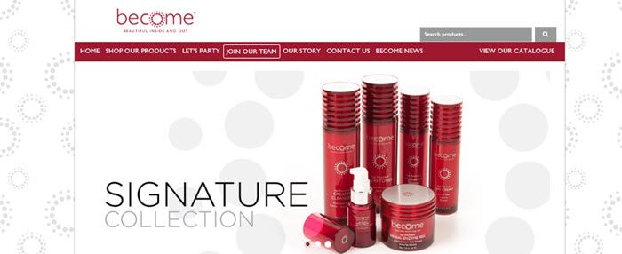 Become Beauty Website Screenshot showing a selection of skincare products