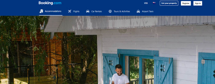 Booking.com Website Screenshot showing a family outside