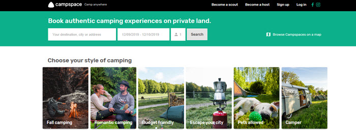 Campspace Website Screenshot showing various locations for camping