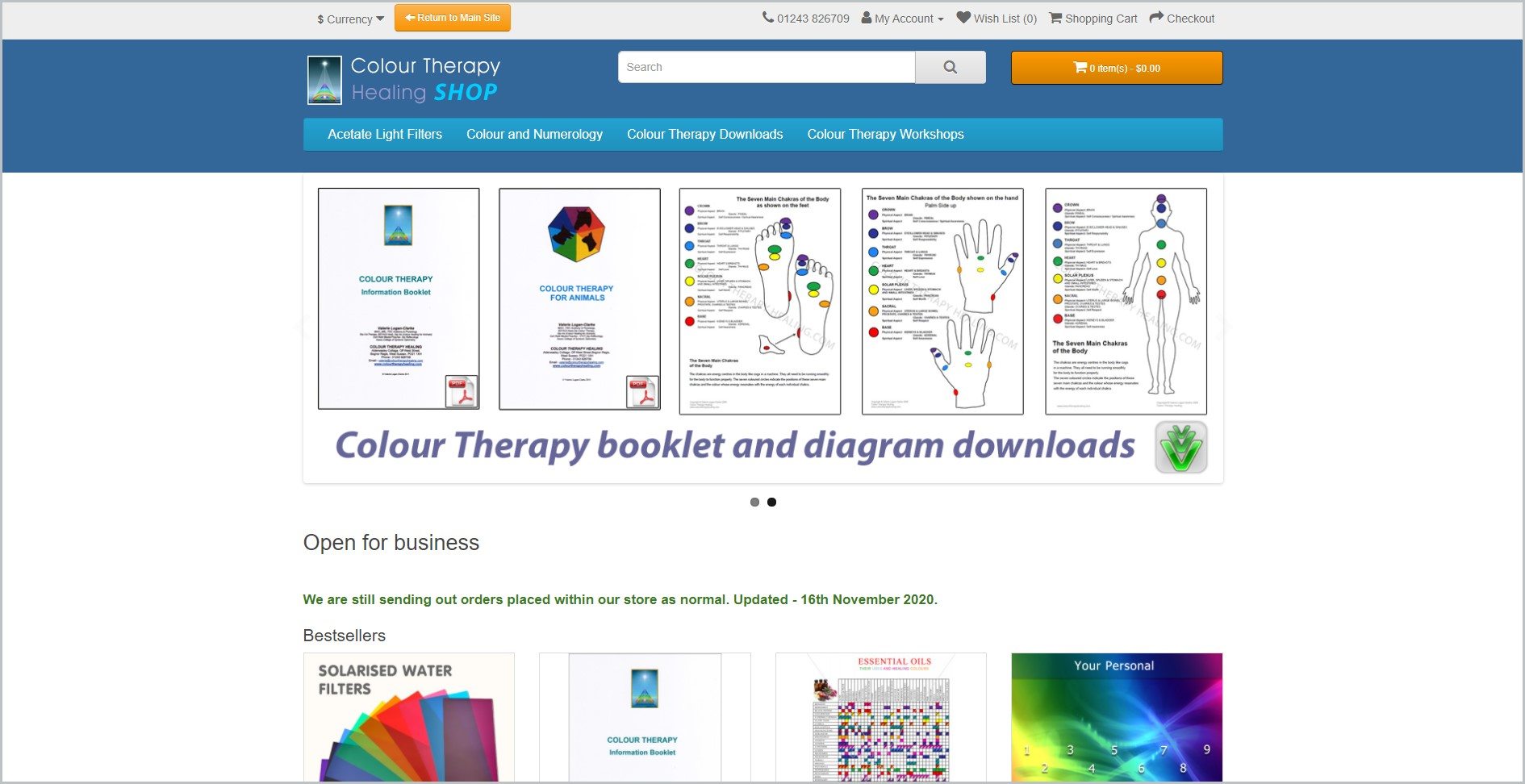 screenshot of Colour Therapy Healing homepage with blue header with the website's name, search bar, and main navigation menu