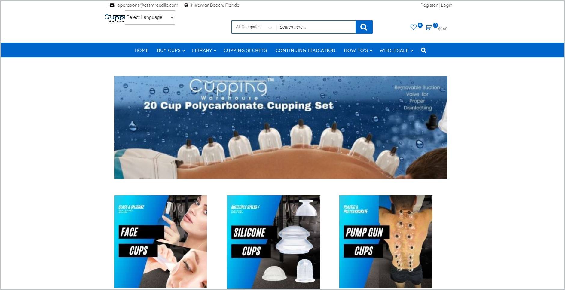 screenshot of Cupping Warehouse homepage with a white header bearing the website's name and search bar, underneath is the blue navigation bar