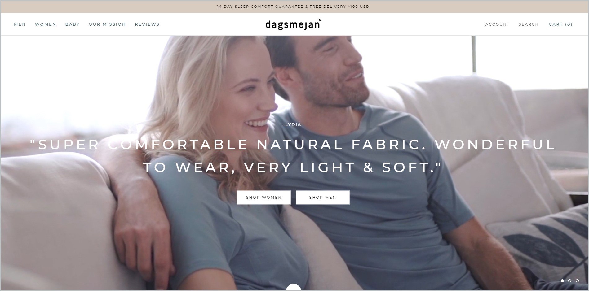 screenshot of Dagsmejan homepage, with brown announcement bar and white header with the website's name and main navigation menu, it also features a picture of a couple in their sleepwear as the main image