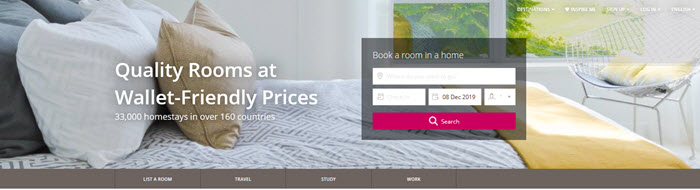 Homestay Website Screenshot showing a well lit bedroom