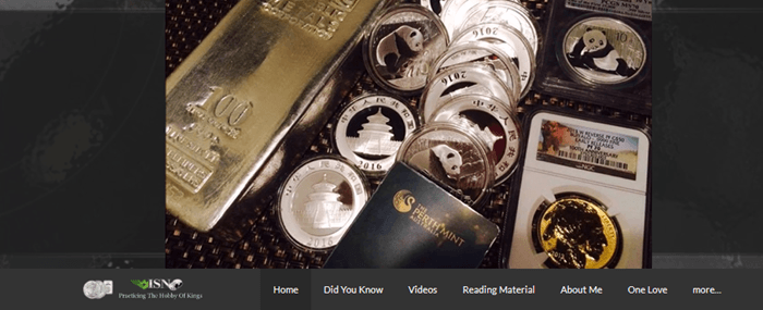 Website screenshot from the International Silver Network showing a collection of coins and bars