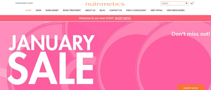 Nutrimetics Website Screenshot showing a pink background