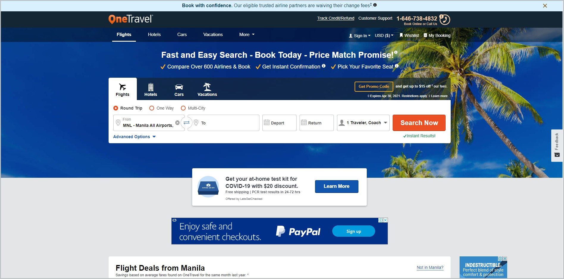 screenshot of OneTravel homepage, with sky blue announcement bar, black header with the website's name and company information, underneath it is a dark blue navigation bar