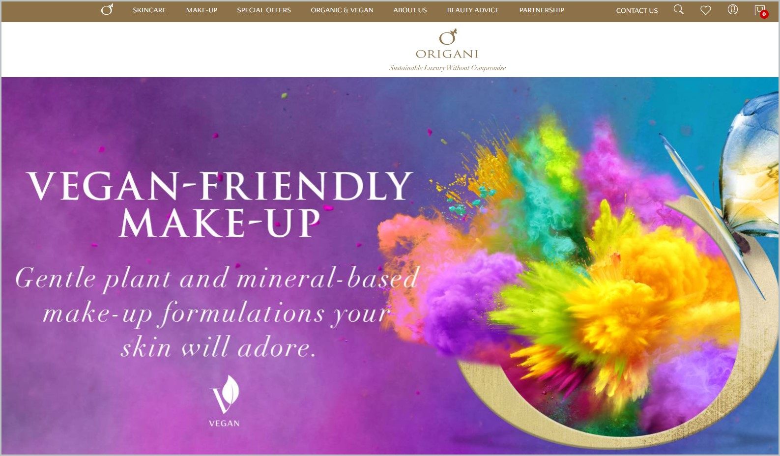 screenshot of Origani homepage, with gold navigation bar at the top, underneath is the website's name, it showcases a burst of different colored powder