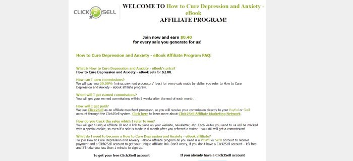 This screenshot of the affiliate sign-up page for Cure Depression And Anxiety has a gray and white background, a gray and green Click2Sell logo in the upper left corner, and black and green text describing the affiliate program.