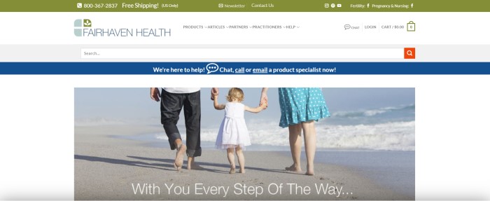 This screenshot of the home page for Fairhaven Health has a green free shipping and contact bar, a white navigation bar, a blue customer service bar, and a main section with a white background and a photo of a father in jeans, a mother in a light blue and white polka dotted skirt, and a toddler girl with blonde hair and a white sundress walking together on a sandy beach next to the water.